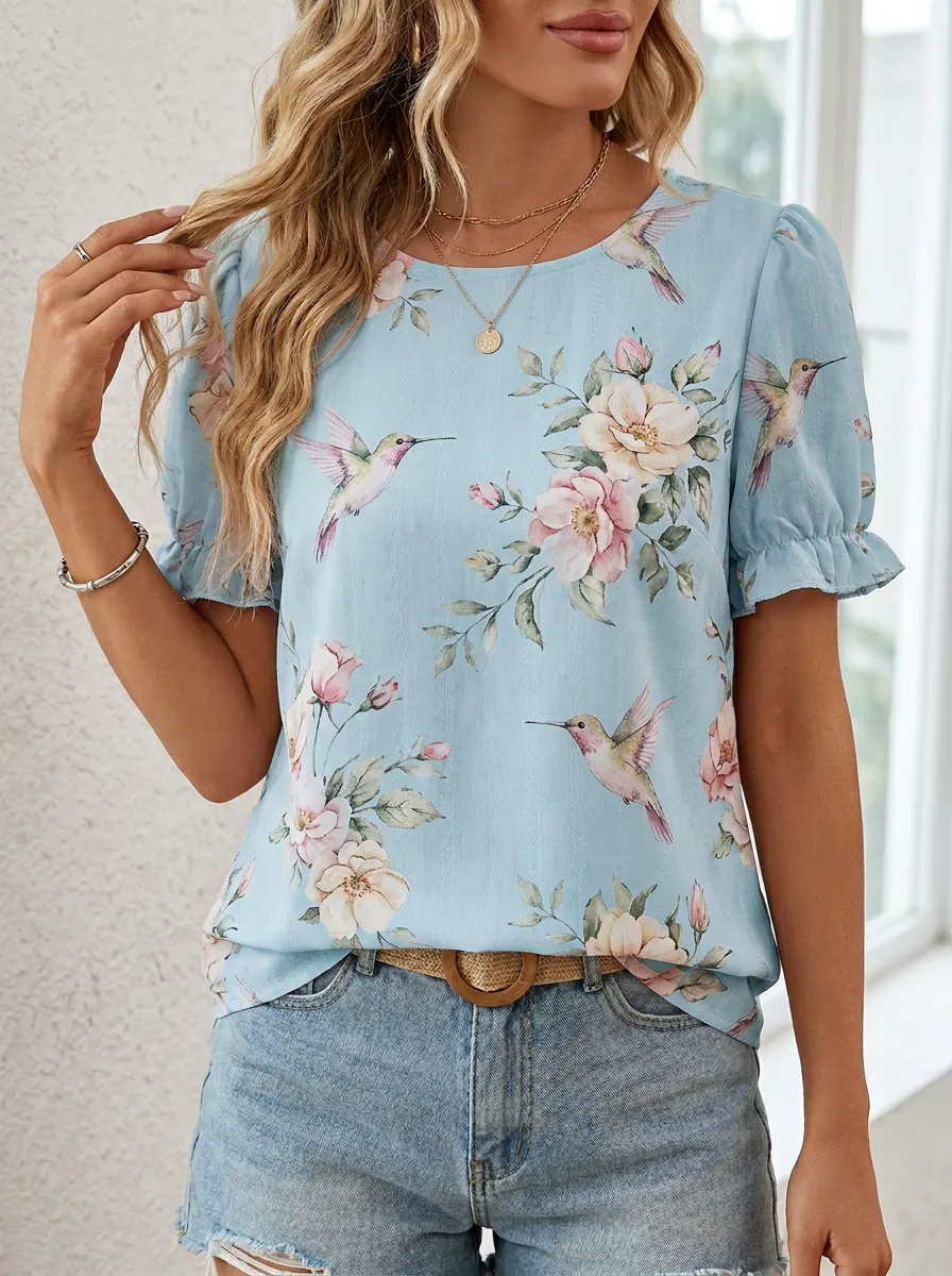 Nature-Inspired Hummingbird Floral Women's Loose Printed T-Shirt