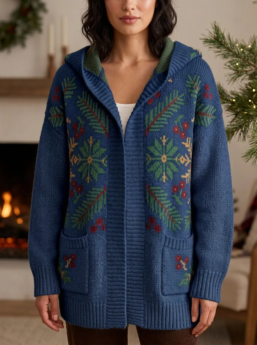 Christmas Snowflake Pine Berry Pattern Print Hooded Cardigan