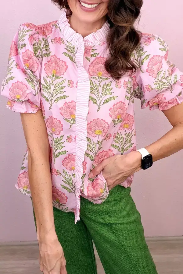 Relaxed Floral Print Puff Sleeve Blouse