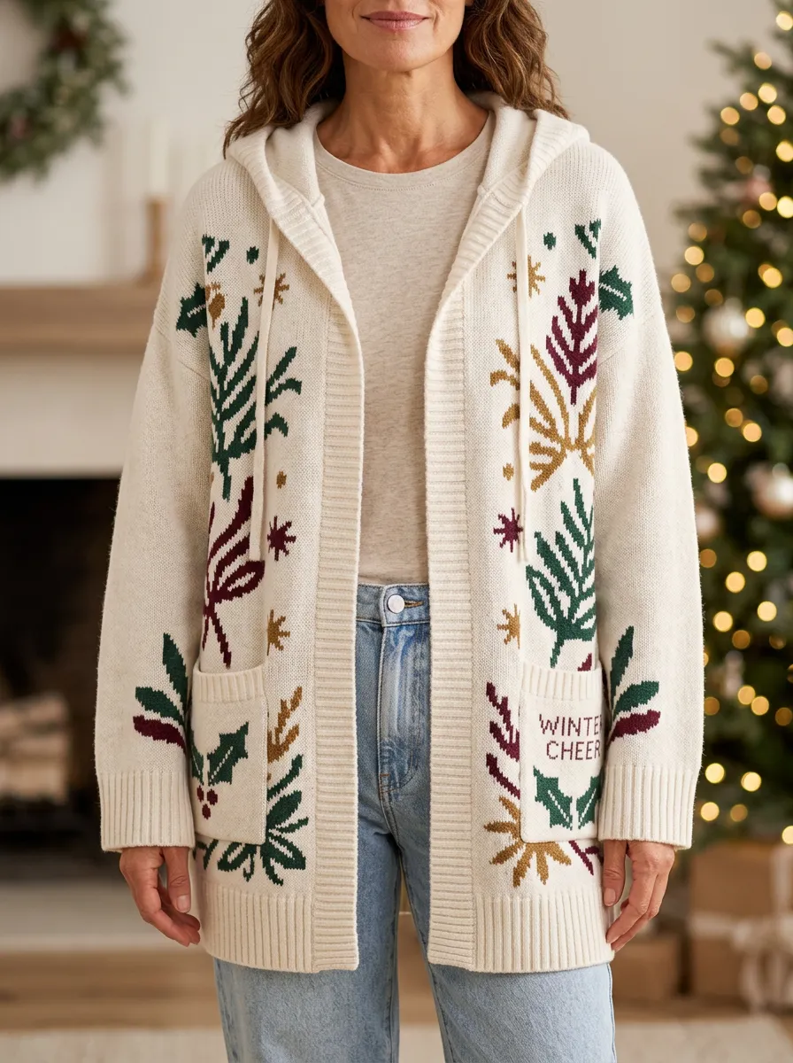 Christmas Winter Cheer Holly Leaf Pattern Print Hooded Cardigan