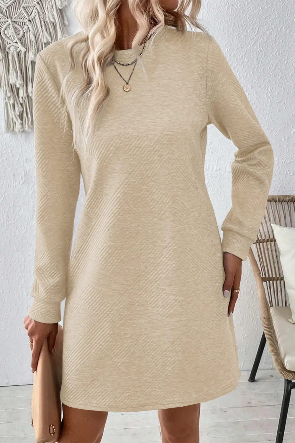 Studio Textured Long Sleeve Shift Mini Dress