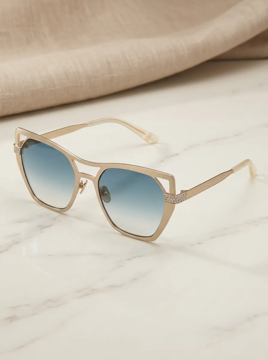 Women's Fashion Gold Frame Blue Gradient Lens Cat Eye Sunglasses