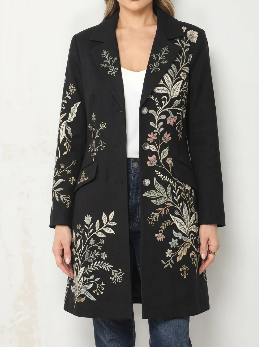 Women's Three Button Floral Botanical Art Long Blazer Jacket