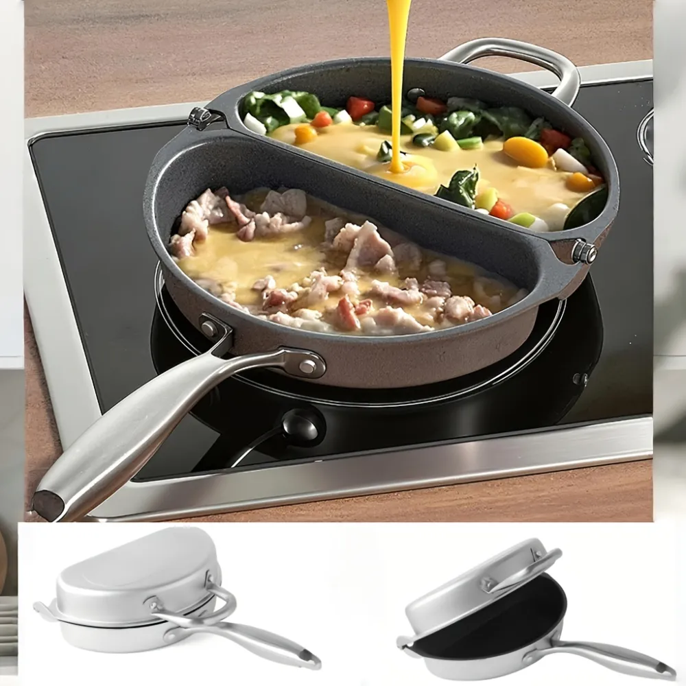Dual-Section Non-Stick Frying Pan, Cook Two Dishes at Once for Time-Saving Kitchen Cooking