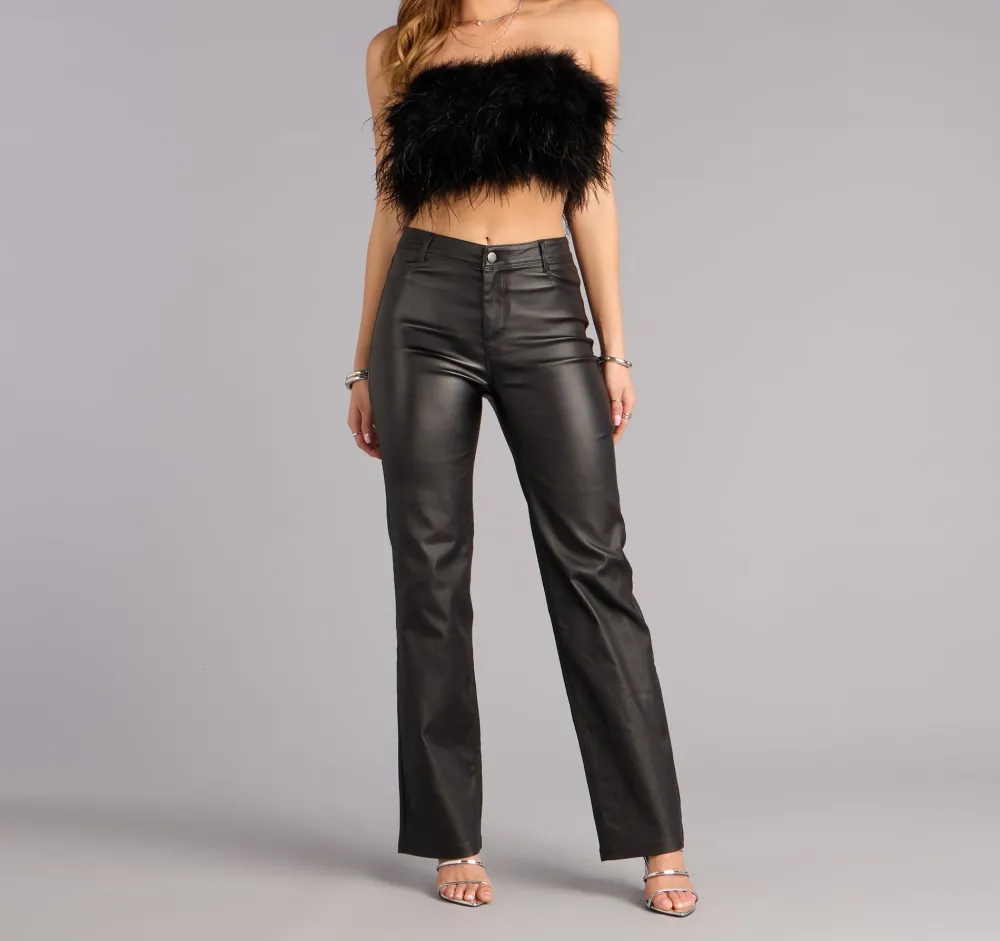 Black Faux Leather High-Rise Straight-Leg Pants