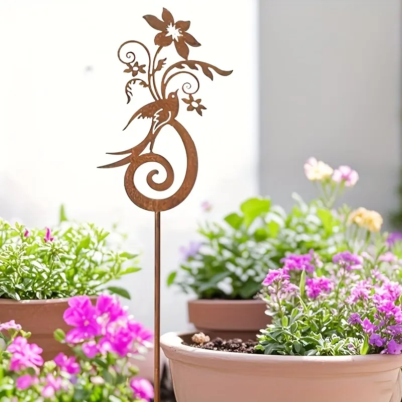 Rusty Bird & Flower Garden Stake