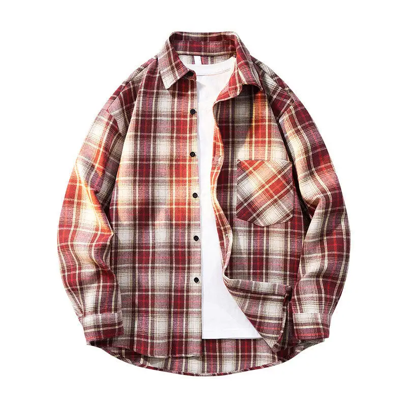 Men's Checkered Oversized Flannel Shirt With Patch Pocket Round Hem And Buttoned Front