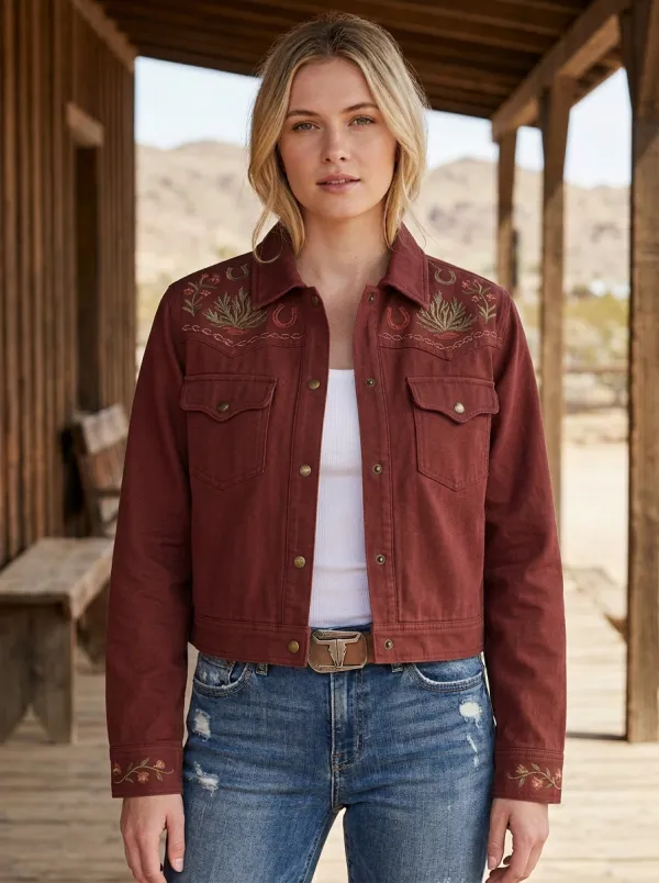 Women's Heritage Inspired Western Cowgirl Horseshoe Horse Floral Embroidery Floral Denim Jacket