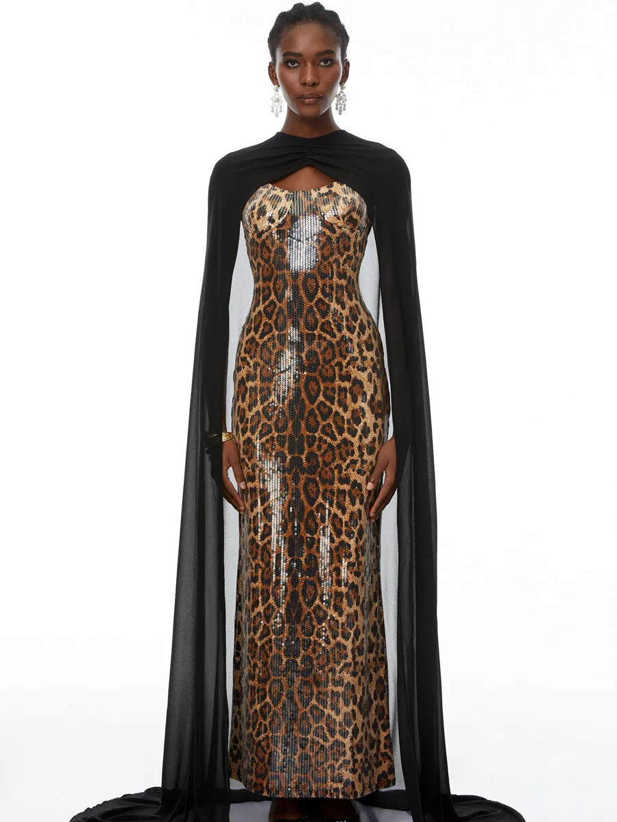Harper Black Cape & Leopard Print Maxi Dress Set