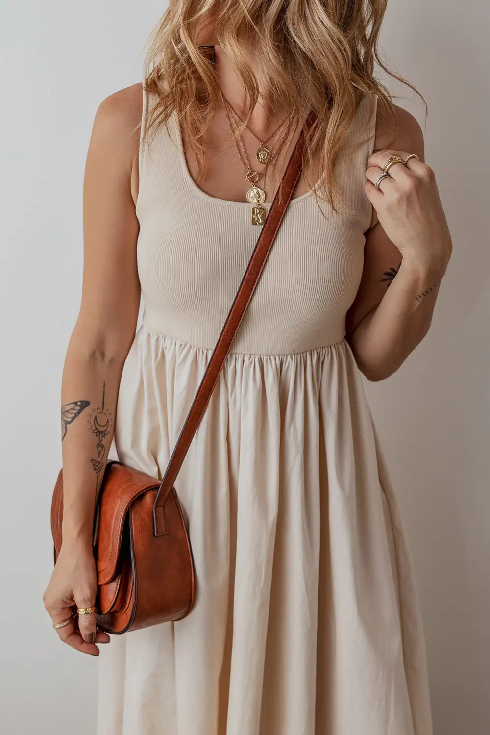 Maxi Scoop Neck Ribbed Bodice Pleated Sleeveless Long Dress