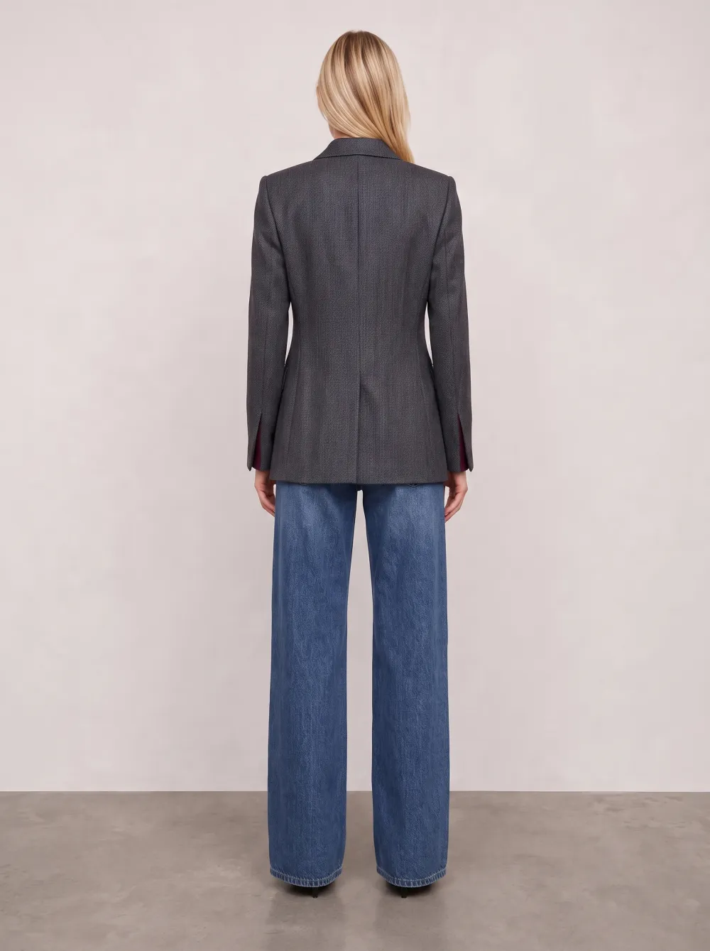 Women's Business Casual Grey Herringbone Gold Button Printed Blazer