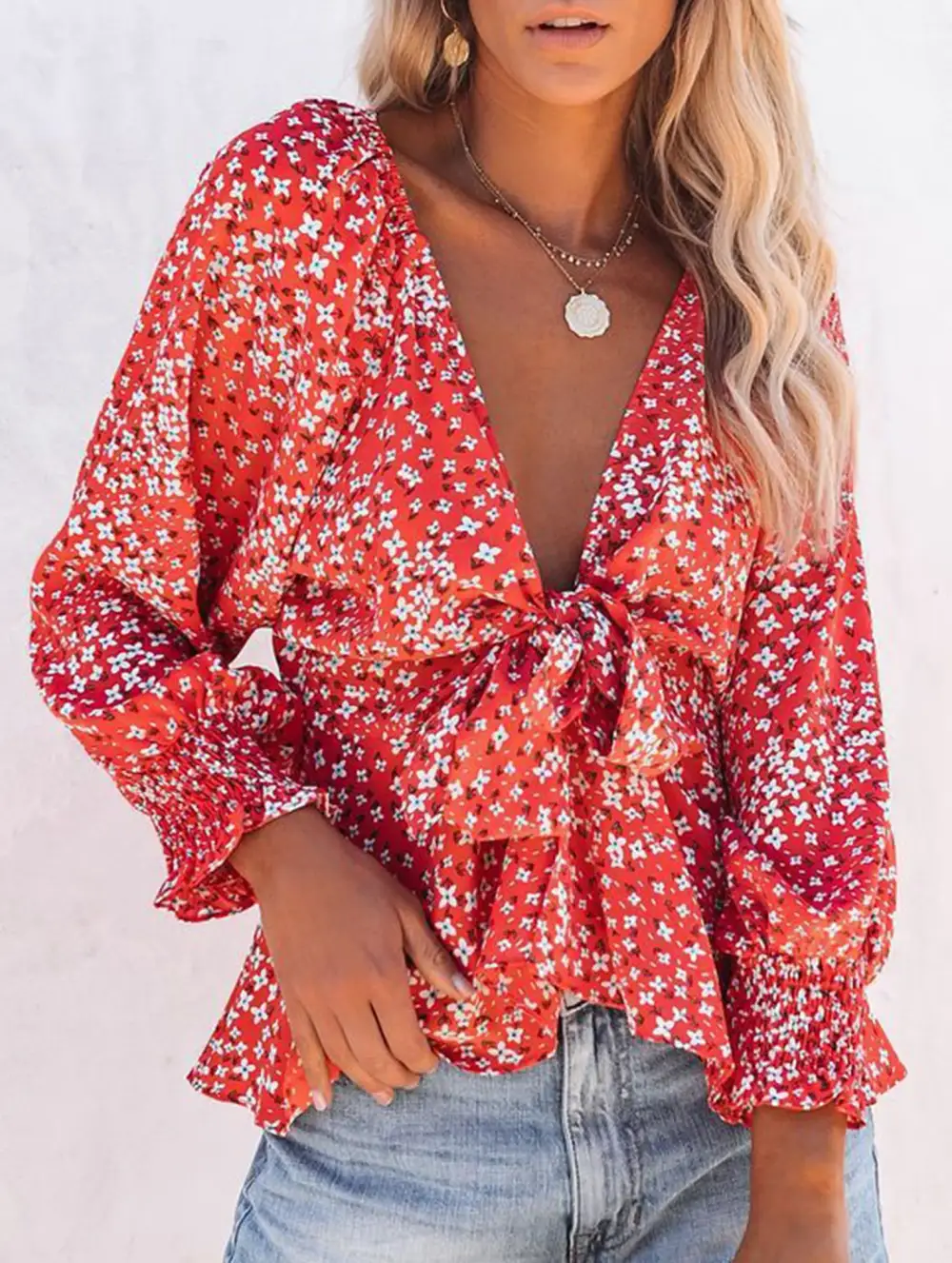 Floral Print V Neck Tie Waist Blouse