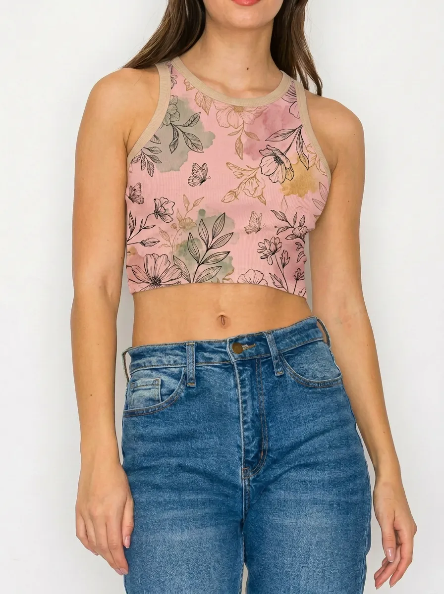 Women's Floral Butterfly Botanical Watercolor Printed Tank Top