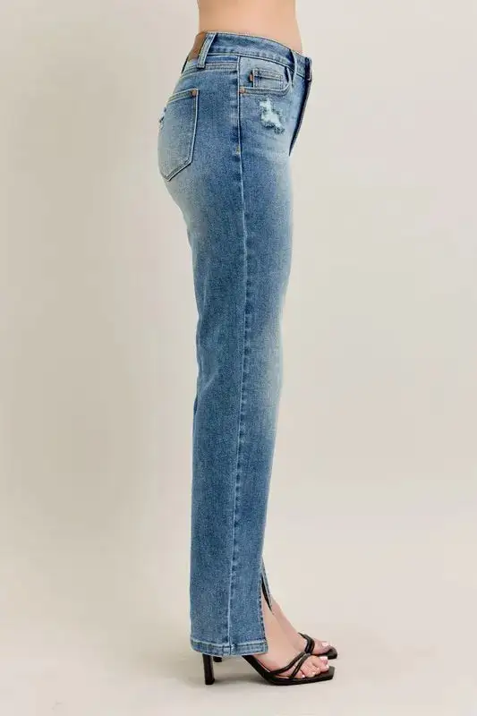 Full Size High Waist Vintage Wash Front Seam & Slit Straight Plus Size