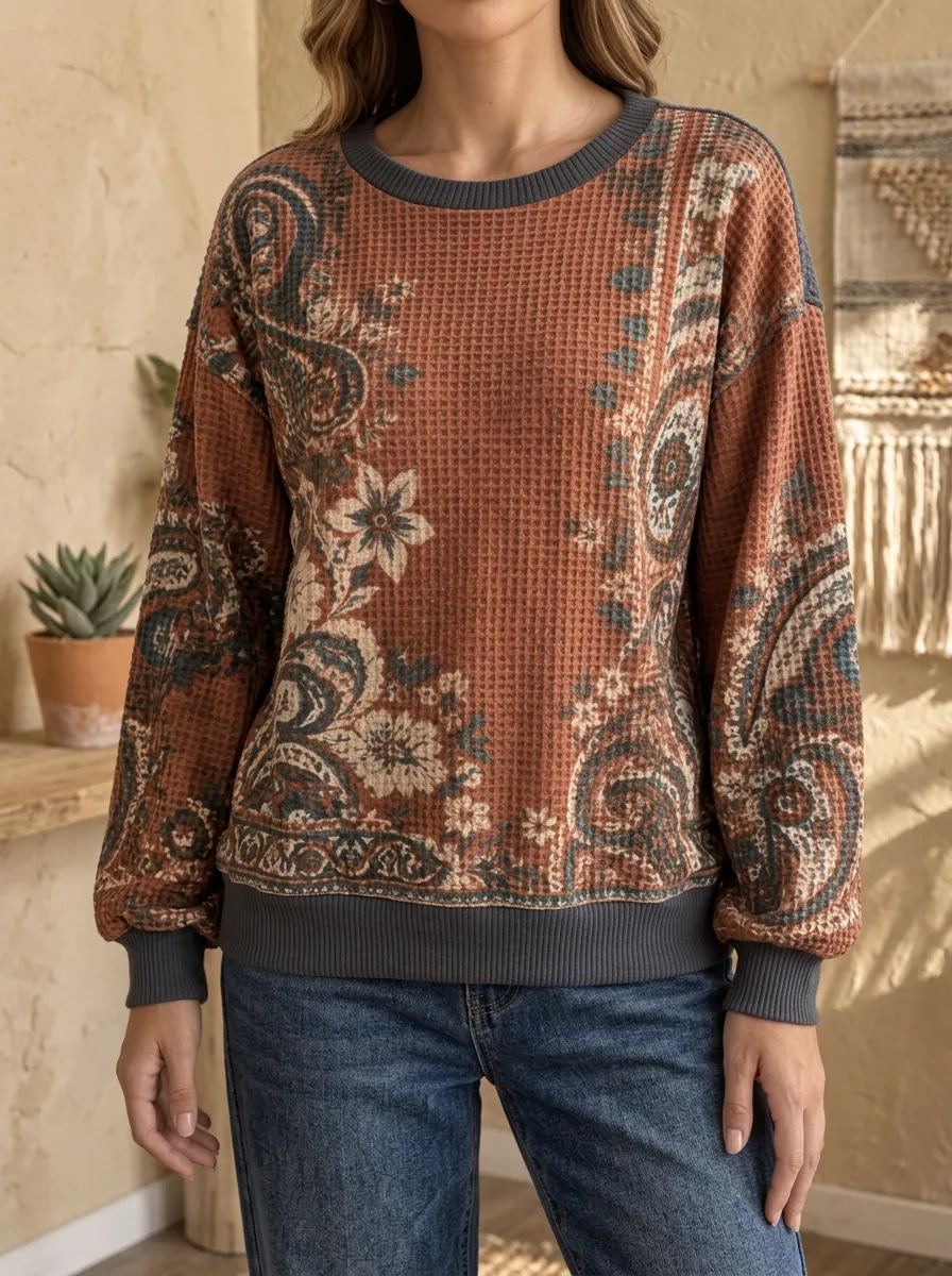 Women's Waffle Knit Boho Paisley Floral Crewneck Sweatshirt