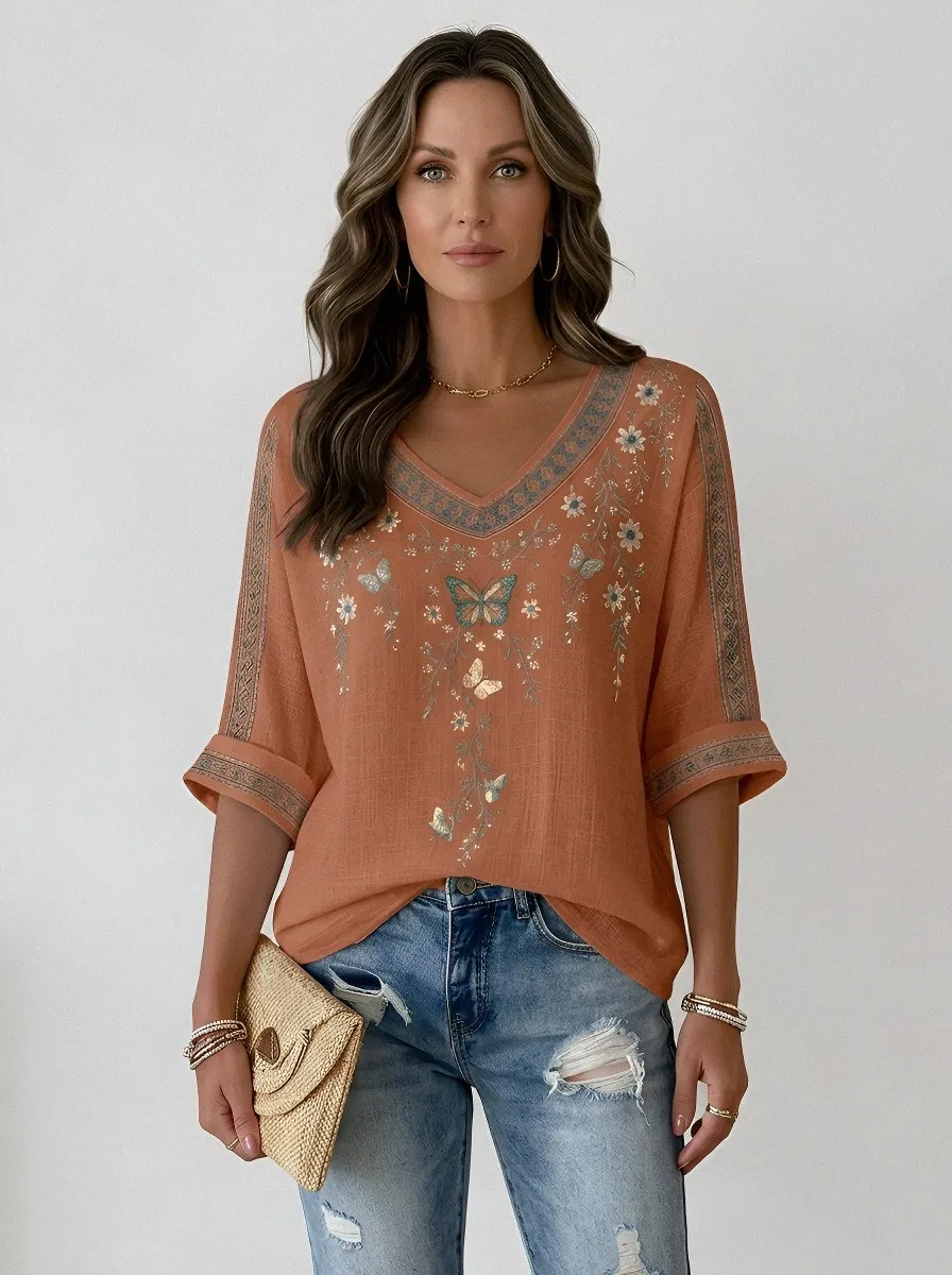 Women's Floral Butterfly Bohemian Printed Short Sleeve T-shirt