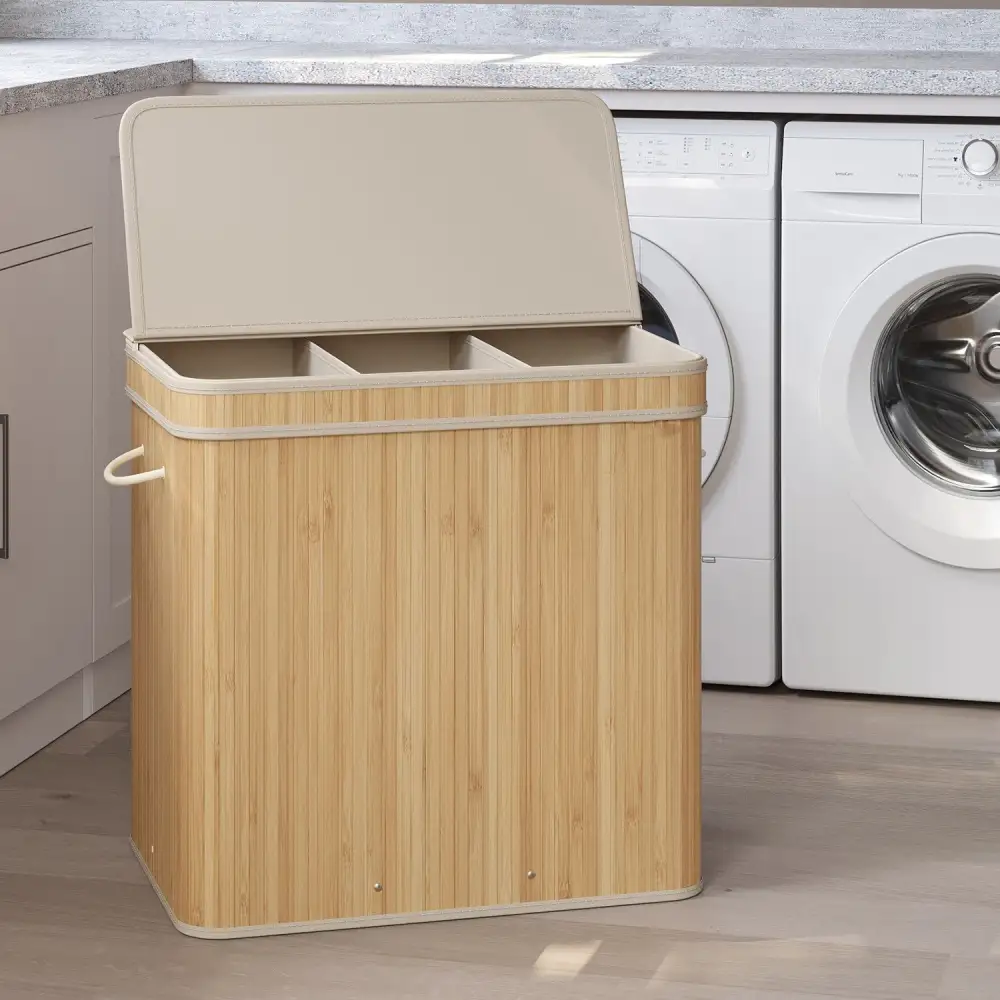 Triple Compartment Removable Liner Lidded Laundry Storage Hamper