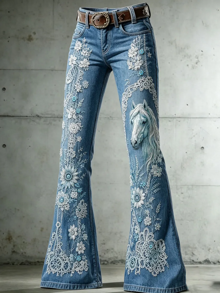 Ladies' Western Style Horse Floral Pattern Jeans