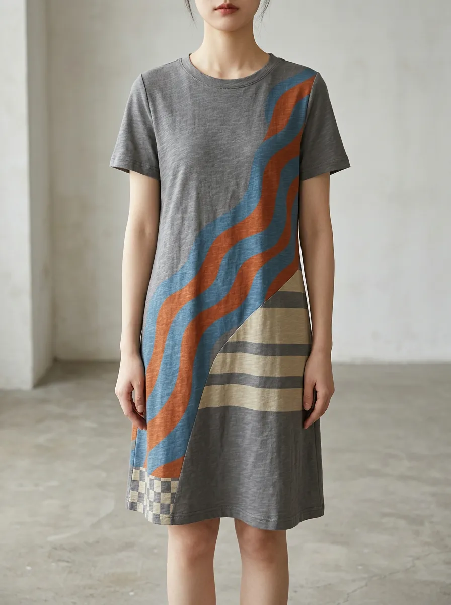 Women's Abstract Wave Striped Pattern Printed T-shirt Dress
