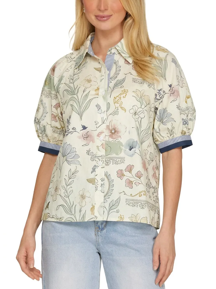 Women's Vintage Floral Botanical Printed Puff Sleeve Shirt