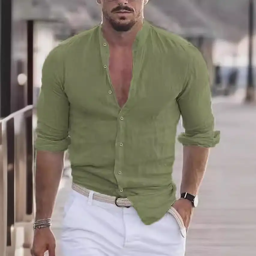 Men's Casual Linen Shirt With Modern Stand-up Collar And Roll-up Sleeves