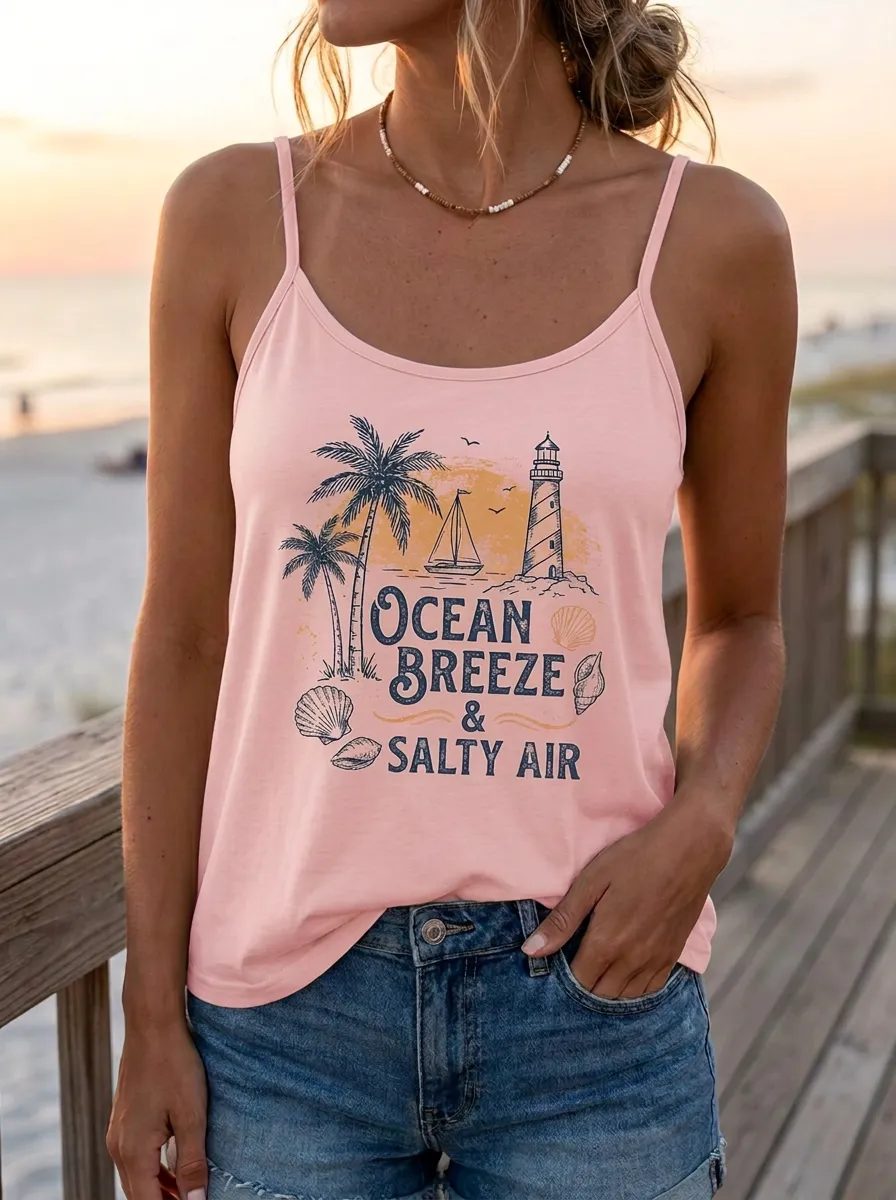 Women's Beach Lover Ocean Breeze Lighthouse Printed Tank Top