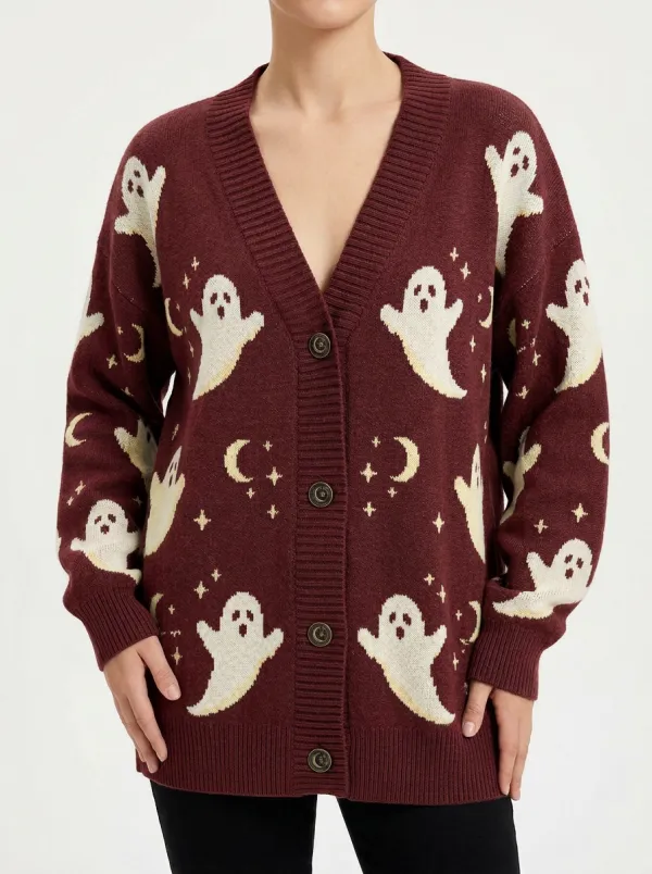 Women's Halloween Ghost Moon Star Patterned Knitted Cardigan