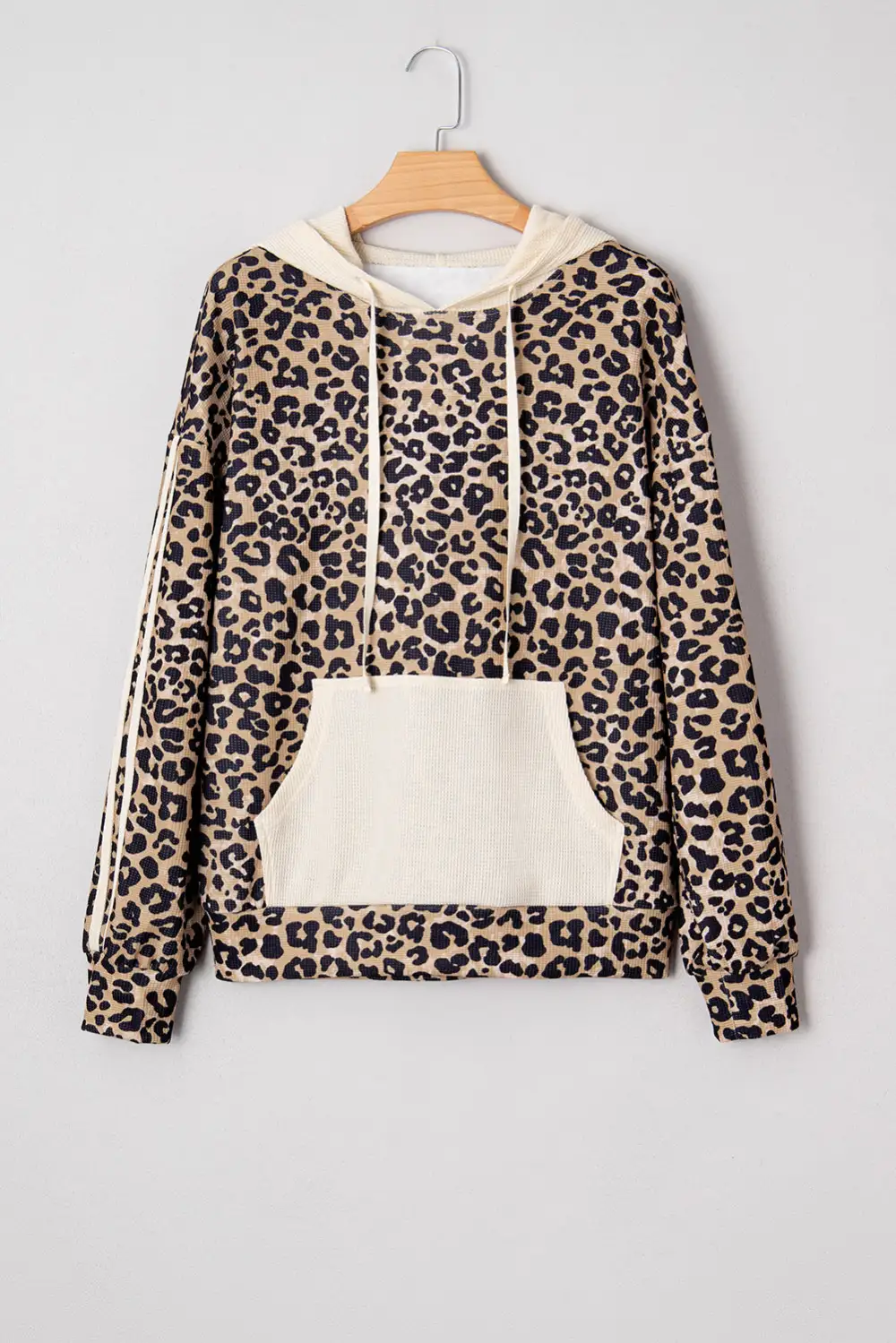 Kangaroo-Pocket Waffle-Textured Knit Leopard-Print Sweatshirt