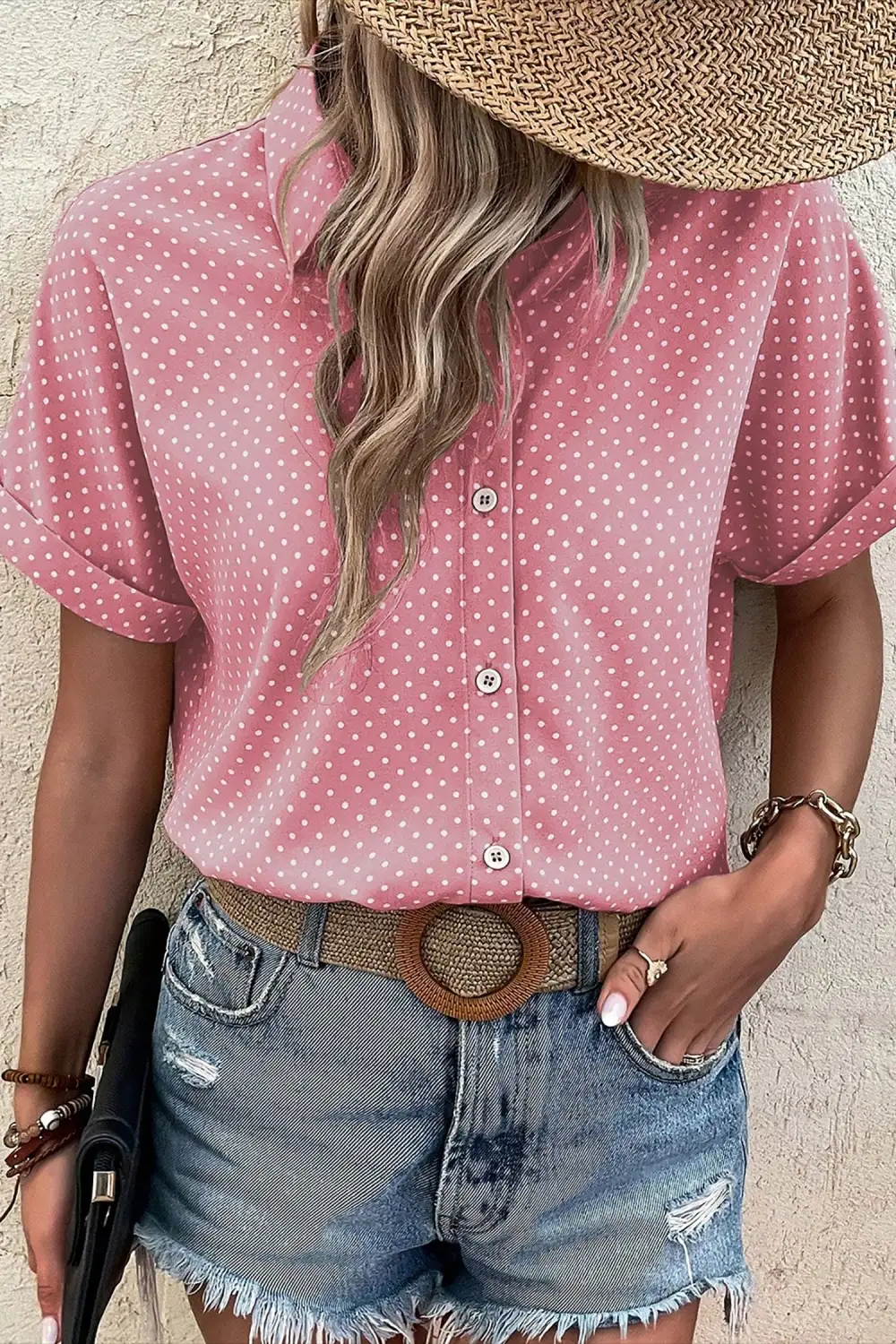 Short Sleeve Dot Print Shirt Blouse