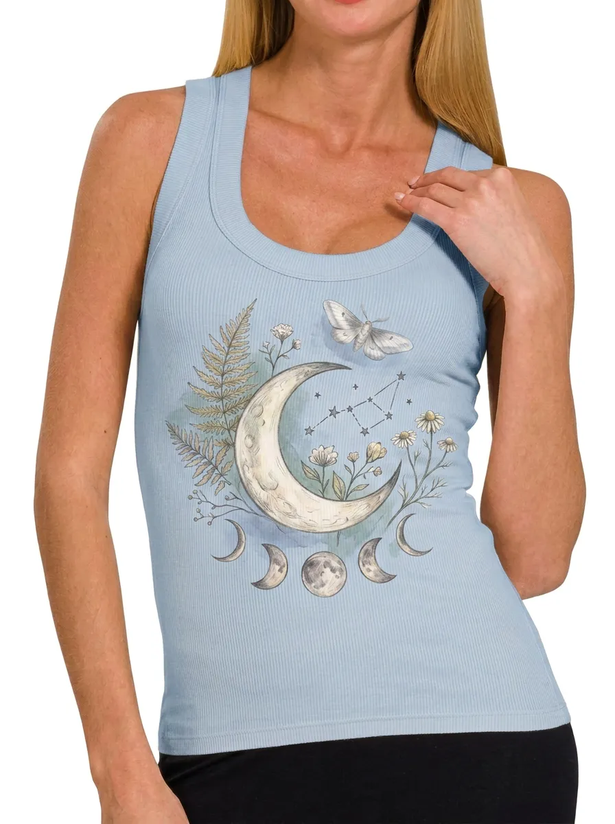 Women's Celestial Moon Moth Floral Printed Ribbed Tank Top