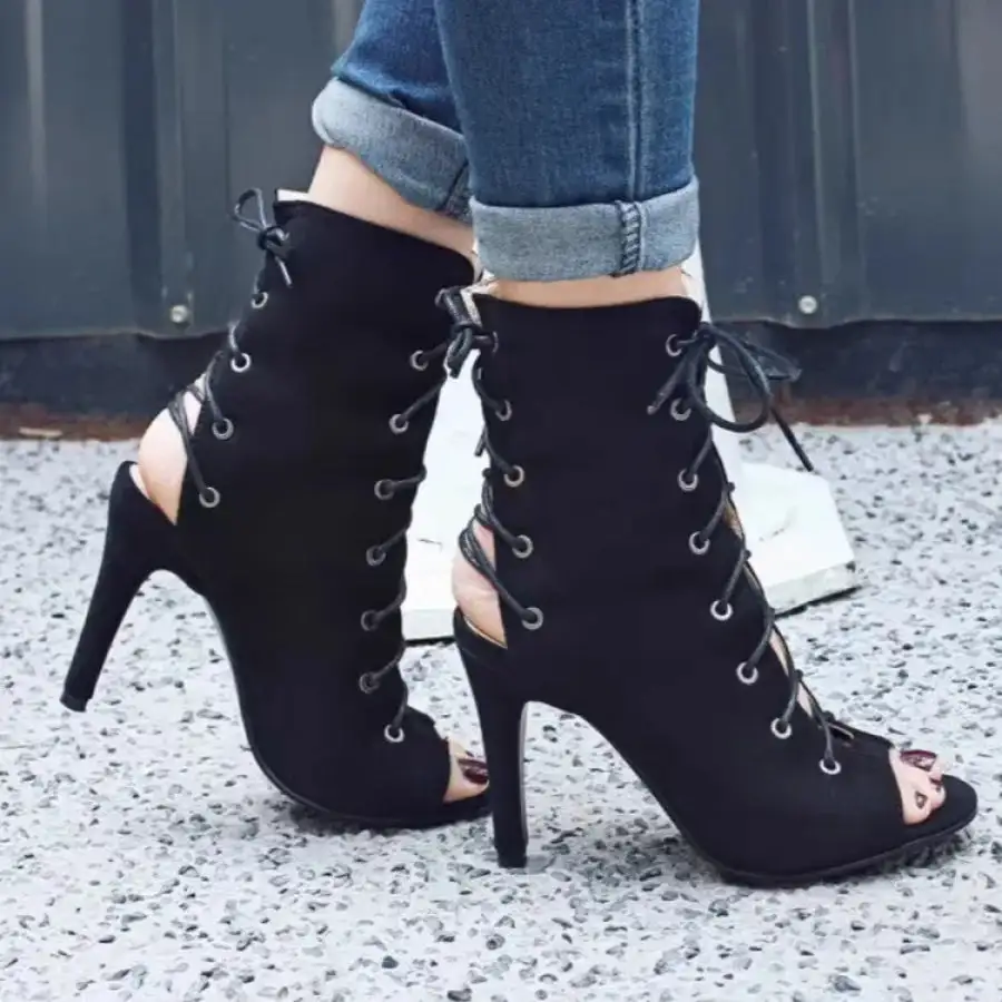 Peep Toe Lace Up High Heel Boots