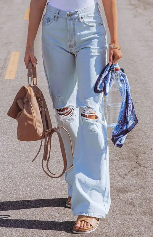 Ripped High Rise Wide Leg Denim Jeans