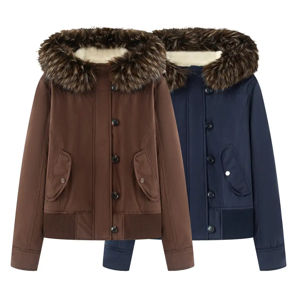 Quilted Faux Fur Hooded Flap Pocket Bomber Jacket