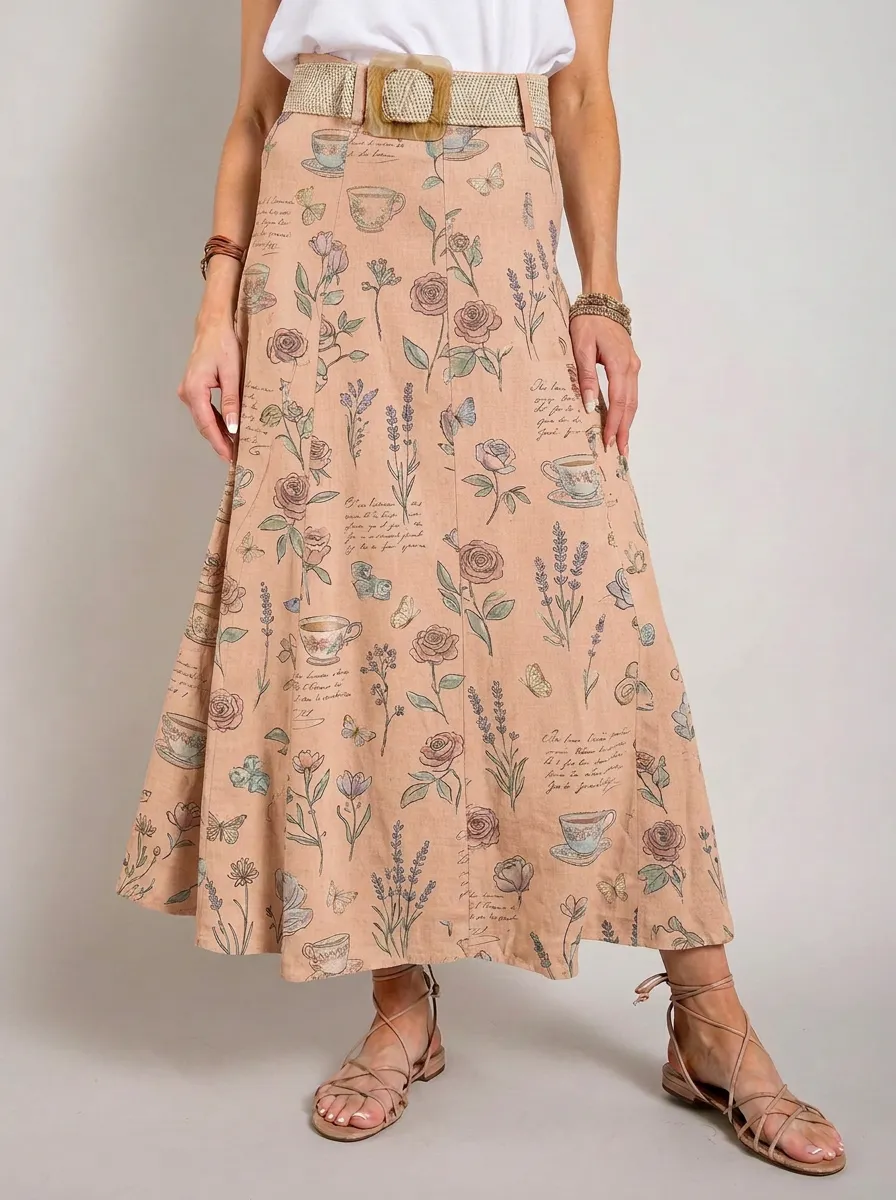 Women's Vintage Floral Tea Cup Butterfly Printed Maxi Skirt