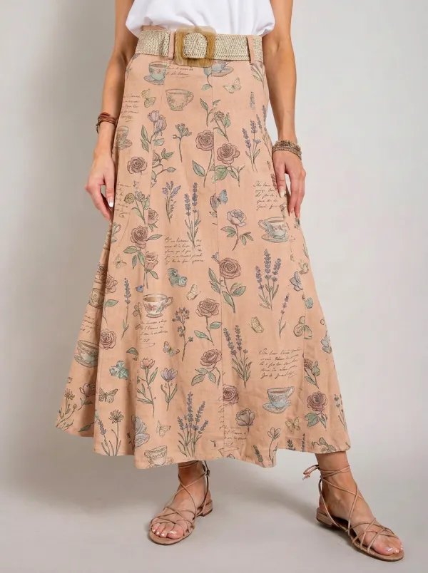 Women's Vintage Floral Tea Cup Butterfly Printed Maxi Skirt