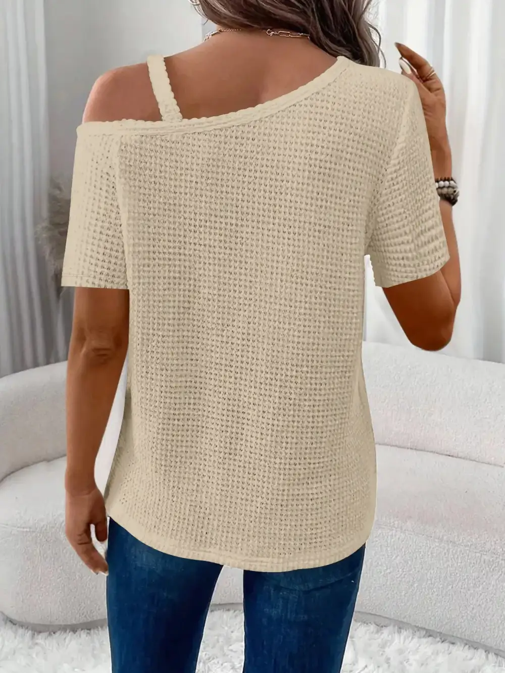 One Shoulder Chain Detail Waffle Knit Blouse