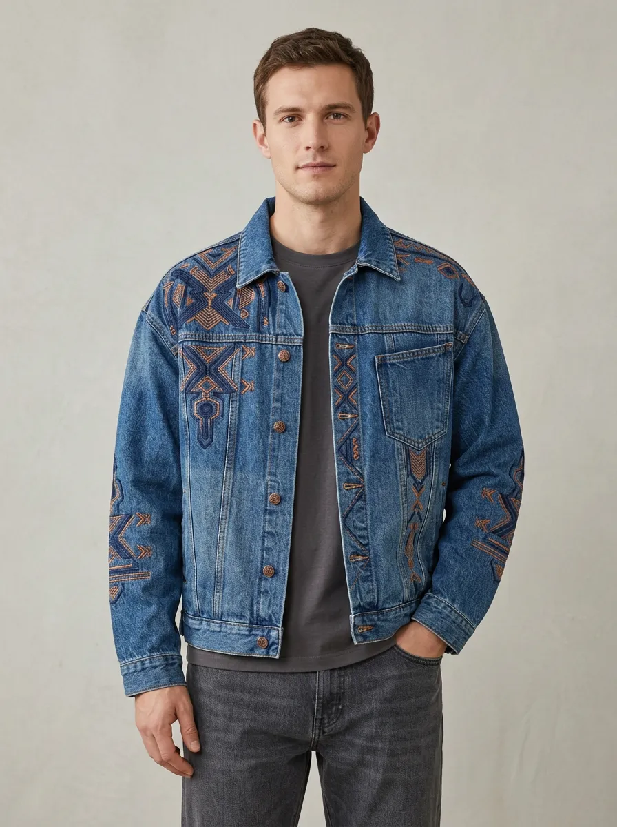 Men's Tribal Expressive Motif Geometric Denim Jacket