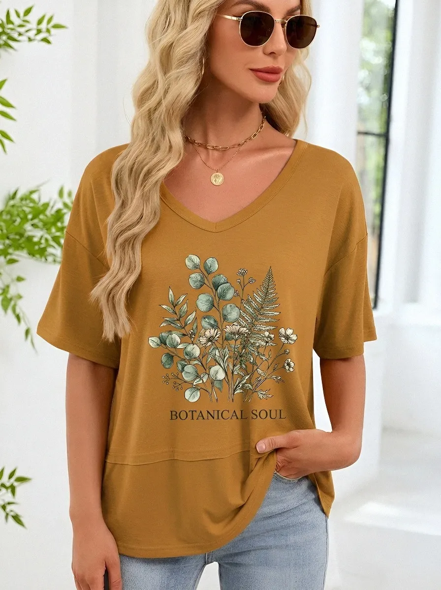 Women's Botanical Soul Nature Plant Printed V-neck T-shirt