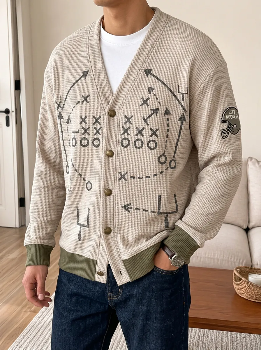 Men's American Football Fan Playbook Printed Waffle Knit Cardigan