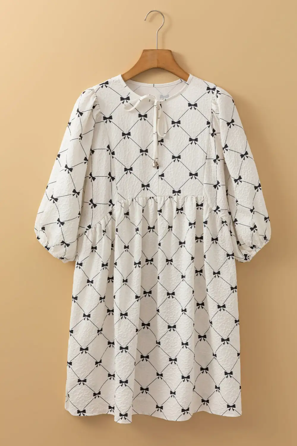 Textured Tie Detail Puff Sleeve Mini Dress