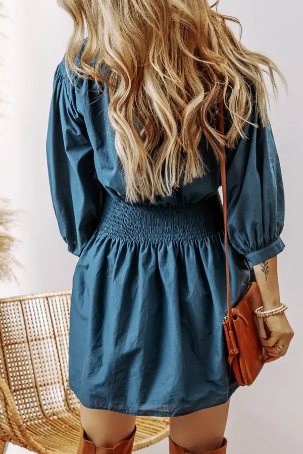 Shirred Button Front Mini Dress