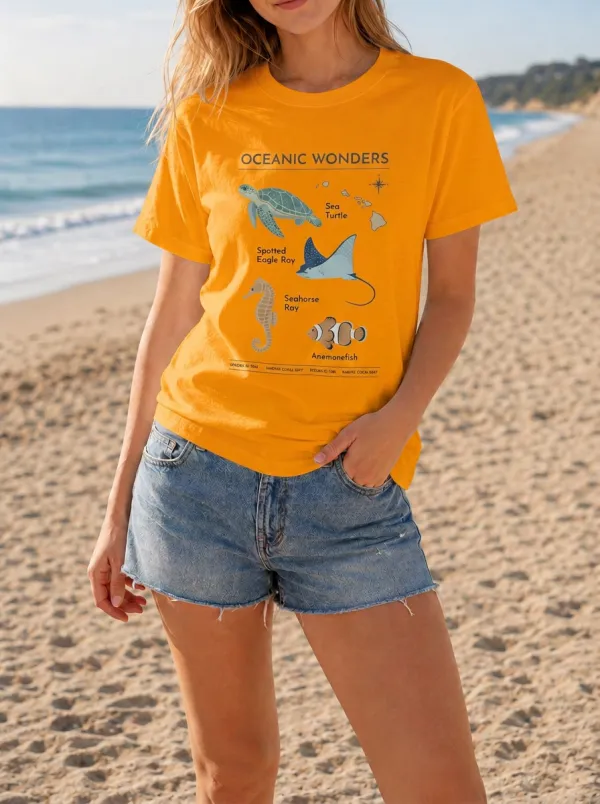 Women's Ocean Lover Sea Life Marine Animals Printed T-shirt