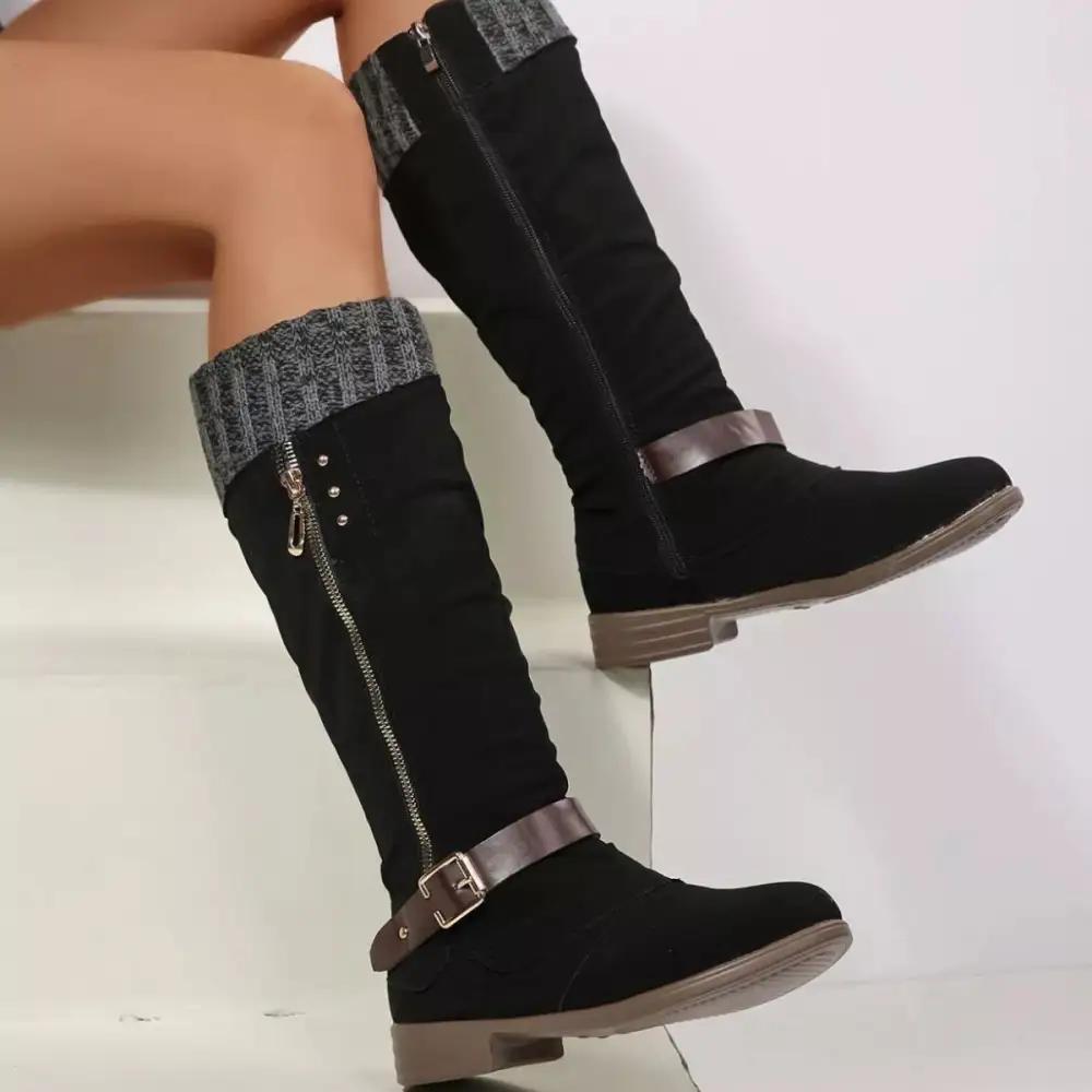 Ruffled Round Toe Block Heels Boots