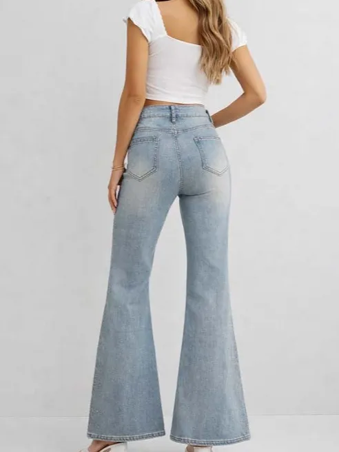 Rhinestone Stud Button Fly Flared Leg Denim Pants