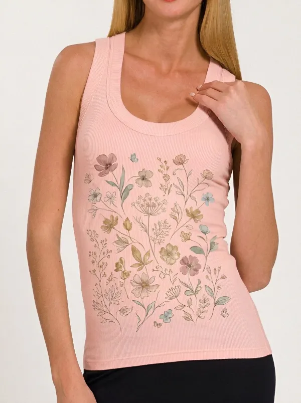 Women's Botanical Nature Lover Wildflower Printed Ribbed Tank Top