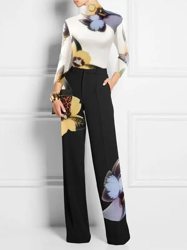Long Sleeve Slim Fit Floral Print High Neck T-Shirt