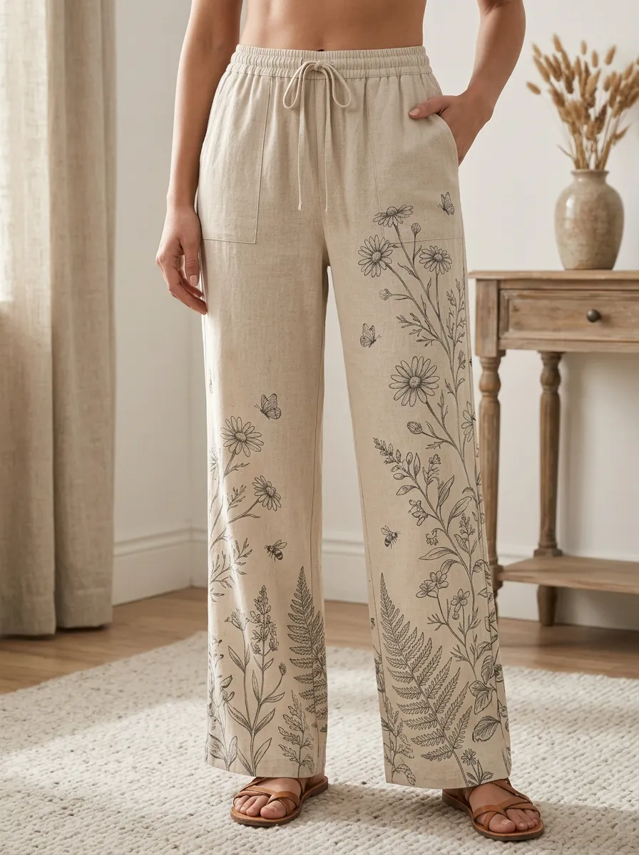 Women's Nature Lover Daisy Butterfly Printed Linen Pants