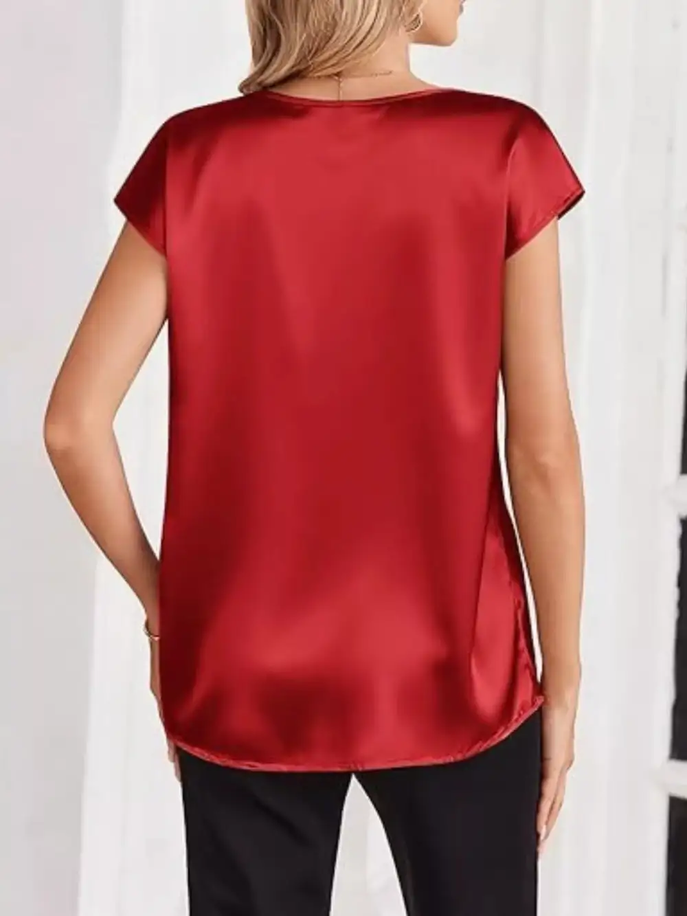 Satin V-Neck Short Sleeve Blouse