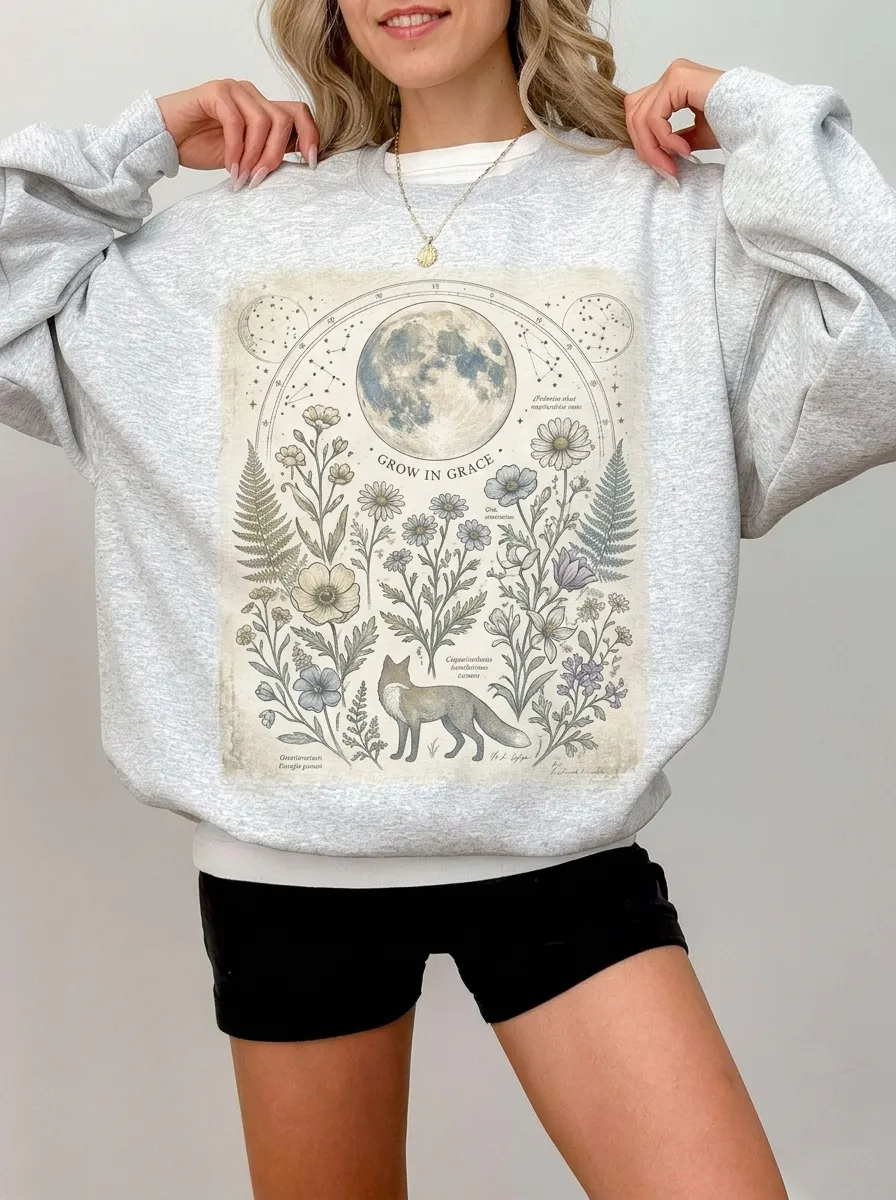 Women's Botanical Moon Fox Grow In Grace Printed Sweatshirt