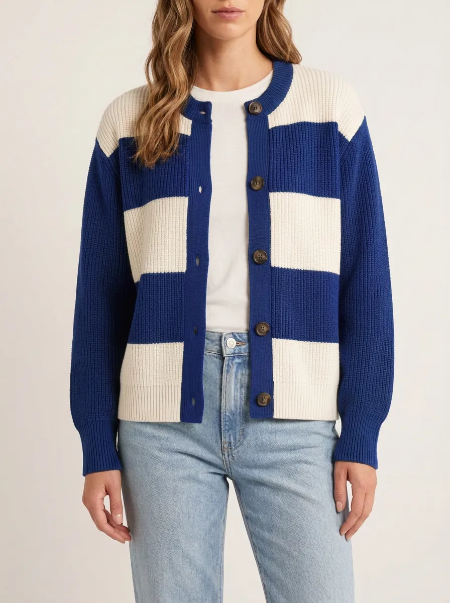 Layered Distinctive Rugby Striped Knit Cardigan